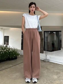 DAZY Solid Tee & Drawstring Waist Straight Leg Pants - Coffee Brown - View 3