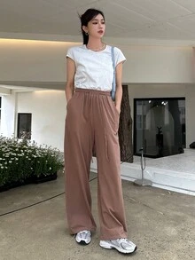 DAZY Solid Tee & Drawstring Waist Straight Leg Pants - Coffee Brown - View 4