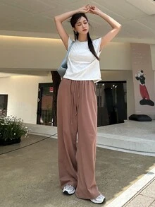 DAZY Solid Tee & Drawstring Waist Straight Leg Pants - Coffee Brown - View 6