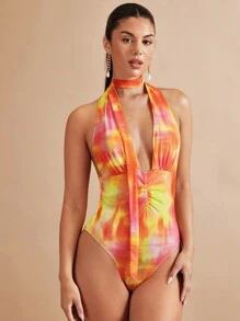 SHEIN BAE Tie Dye Plunge Neck Backless Halter Bodysuit - Multicolor - View 1
