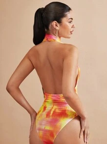 SHEIN BAE Tie Dye Plunge Neck Backless Halter Bodysuit - Multicolor - View 2