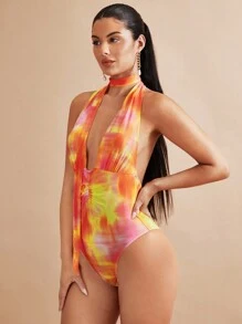 SHEIN BAE Tie Dye Plunge Neck Backless Halter Bodysuit - Multicolor - View 5