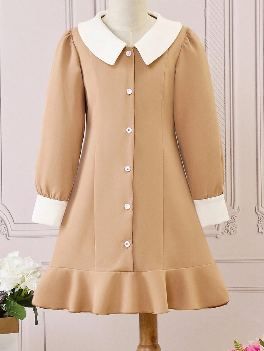 SHEIN Girls Contrast Collar Ruffle Hem Dress - Khaki - View 1