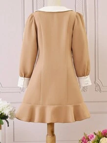 SHEIN Girls Contrast Collar Ruffle Hem Dress - Khaki - View 2