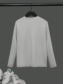 SHEIN Leap Crew Tween Boys' Casual Grey Solid Colour Waffle Grid Patterned Long Sleeve Knit T-shirt With Buttoned Placket, Autumn Winter - Light Grey - View 2