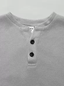 SHEIN Leap Crew Tween Boys' Casual Grey Solid Colour Waffle Grid Patterned Long Sleeve Knit T-shirt With Buttoned Placket, Autumn Winter - Light Grey - View 3