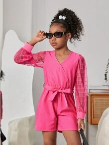 SHEIN Girls Plaid Mesh Insert Lantern Sleeve Romper - Hot Pink - View 7