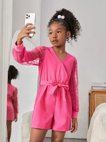 SHEIN Girls Plaid Mesh Insert Lantern Sleeve Romper - Hot Pink - View 3