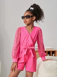 SHEIN Girls Plaid Mesh Insert Lantern Sleeve Romper - Hot Pink - View 4
