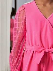 SHEIN Girls Plaid Mesh Insert Lantern Sleeve Romper - Hot Pink - View 8