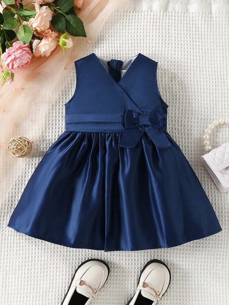 Baby Girl Solid Bow Front Wrap Detail Dress