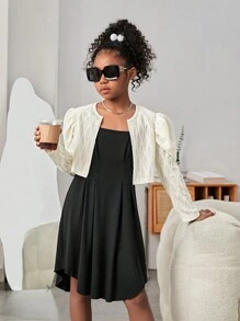 SHEIN 女孩素色吊帶連衣裙&羊腿袖夾克 - 彩色 - 查看 5