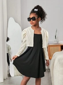 SHEIN 女孩素色吊帶連衣裙&羊腿袖夾克 - 彩色 - 查看 4