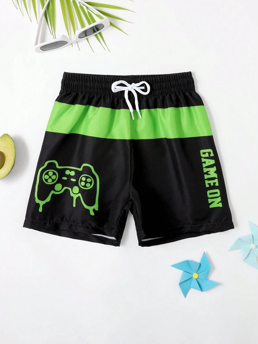 Young Boy Gamepad & Letter Graphic Drawstring Waist Swim Shorts - Multicolor - View 1