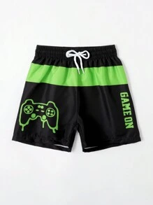 Young Boy Gamepad & Letter Graphic Drawstring Waist Swim Shorts - Multicolor - View 5