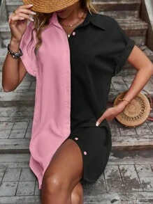 SHEIN LUNE Đầm Nút phía trước Khối Màu Giải trí - Nhiều màu - Xem 1