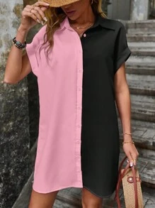 SHEIN LUNE Đầm Nút phía trước Khối Màu Giải trí - Nhiều màu - Xem 3