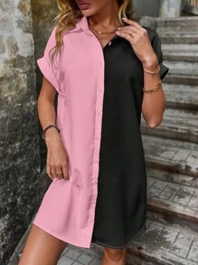 SHEIN LUNE Đầm Nút phía trước Khối Màu Giải trí - Nhiều màu - Xem 5