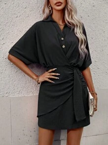 SHEIN Clasi 蝙蝠袖褶邊圍裹洋裝 - 黑色 - 查看 4