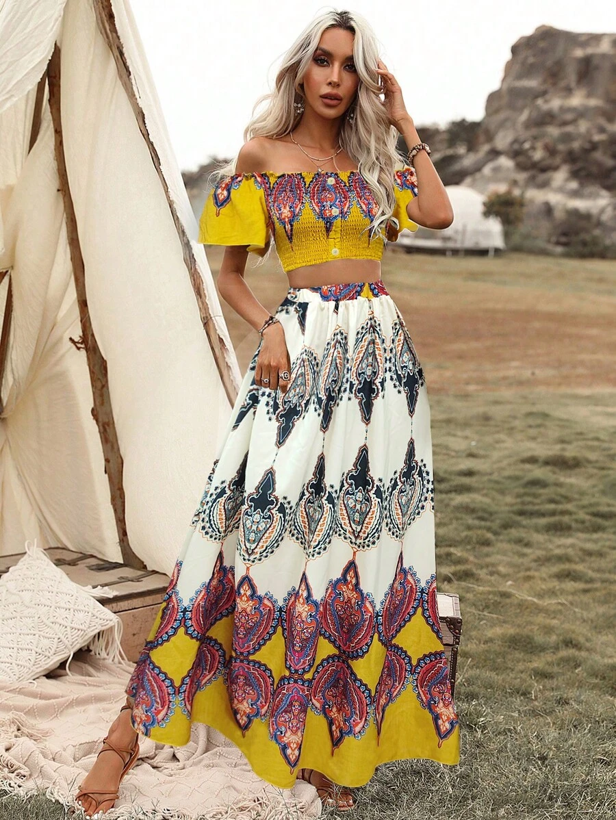 Breezaya 圖案印花一字肩短款上衣和半身裙 - 黃色 - 查看 1