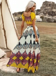 Breezaya 圖案印花一字肩短款上衣和半身裙 - 黃色 - 查看 2