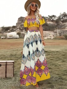 Breezaya 圖案印花一字肩短款上衣和半身裙 - 黃色 - 查看 3