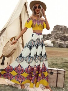 Breezaya 圖案印花一字肩短款上衣和半身裙 - 黃色 - 查看 4