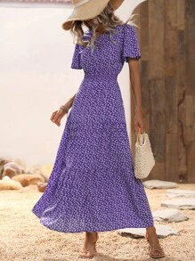 SHEIN LUNE Ditsy Floral Print Ruffle Hem Dress - Purple - View 1