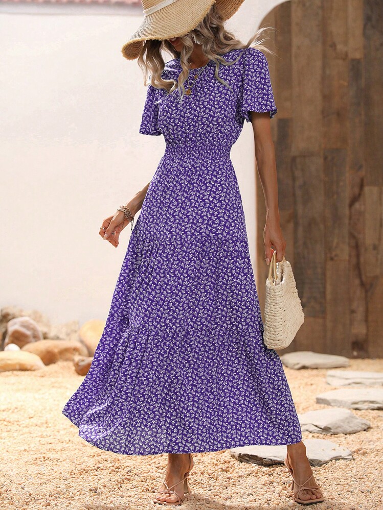 SHEIN LUNE Ditsy Floral Print Ruffle Hem Dress - Purple - View 1