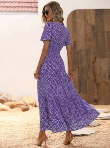 SHEIN LUNE Ditsy Floral Print Ruffle Hem Dress - Purple - View 2