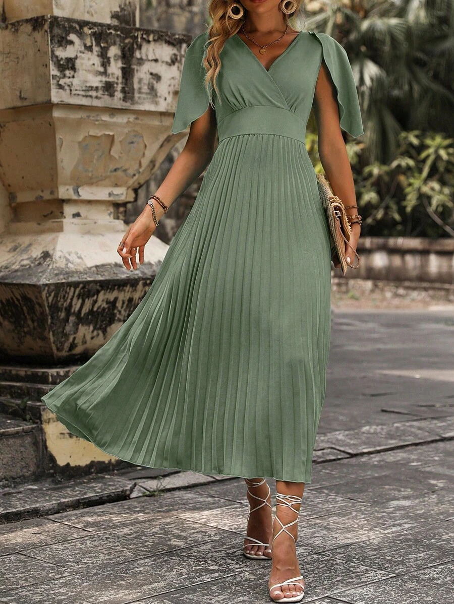 SHEIN Unity Đầm Thắt nút Xếp li Trọn gói màu trơn Giải trí - màu xanh lá - Xem 1