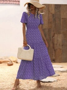 SHEIN LUNE Ditsy Floral Print Ruffle Hem Dress - Purple - View 4