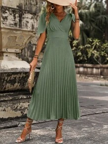 SHEIN Unity Đầm Thắt nút Xếp li Trọn gói màu trơn Giải trí - màu xanh lá - Xem 3