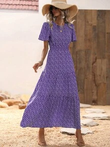 SHEIN LUNE Ditsy Floral Print Ruffle Hem Dress - Purple - View 7