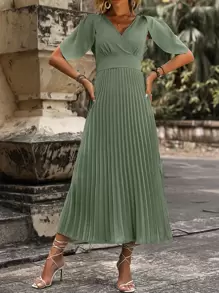 SHEIN Unity Đầm Thắt nút Xếp li Trọn gói màu trơn Giải trí - màu xanh lá - Xem 4