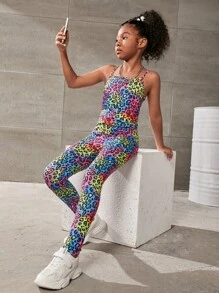 SHEIN Girls Leopard Print Unitard Cami Jumpsuit - Multicolor - View 4