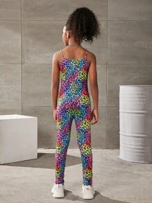 SHEIN Girls Leopard Print Unitard Cami Jumpsuit - Multicolor - View 2