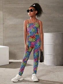 SHEIN Girls Leopard Print Unitard Cami Jumpsuit - Multicolor - View 3