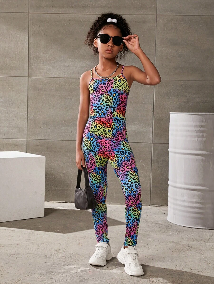 SHEIN Girls Leopard Print Unitard Cami Jumpsuit - Multicolor - View 1