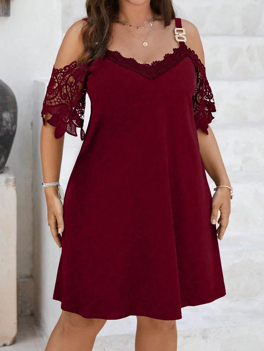 Franclia Đầm Plus Size Tương phản ren màu trơn Thanh lịch - Màu Đỏ Sâu - Xem 1