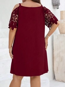 Franclia Đầm Plus Size Tương phản ren màu trơn Thanh lịch - Màu Đỏ Sâu - Xem 2
