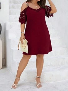 Franclia Đầm Plus Size Tương phản ren màu trơn Thanh lịch - Màu Đỏ Sâu - Xem 3