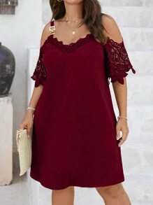 Franclia Đầm Plus Size Tương phản ren màu trơn Thanh lịch - Màu Đỏ Sâu - Xem 4