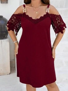 Franclia Đầm Plus Size Tương phản ren màu trơn Thanh lịch - Màu Đỏ Sâu - Xem 5