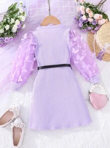 女小童貼花網紗拼接燈籠袖洋裝 - 淡紫色 - 查看 2