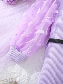 女小童貼花網紗拼接燈籠袖洋裝 - 淡紫色 - 查看 4