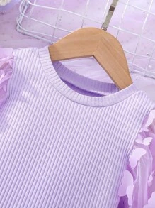 女小童貼花網紗拼接燈籠袖洋裝 - 淡紫色 - 查看 6