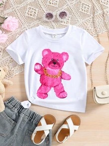 SHEIN Áo thun ngắn tay in hình chú gấu dễ thương cho bé gái tập đi với trang trí dây chuyền lớn cho mùa hè - trắng - Xem 1