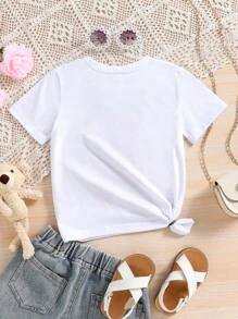 SHEIN Áo thun ngắn tay in hình chú gấu dễ thương cho bé gái tập đi với trang trí dây chuyền lớn cho mùa hè - trắng - Xem 2