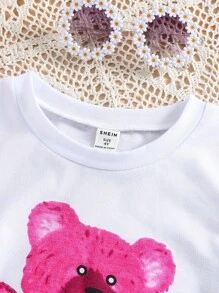 SHEIN Áo thun ngắn tay in hình chú gấu dễ thương cho bé gái tập đi với trang trí dây chuyền lớn cho mùa hè - trắng - Xem 3
